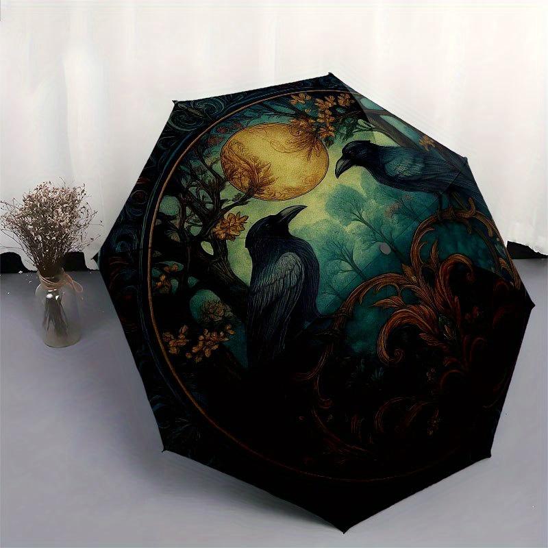 Raven Moonlit Forest Wall Art: Mystical Circular Decor Umbrella, Portable 3-Fold Compact Umbrella for Men & Women R142