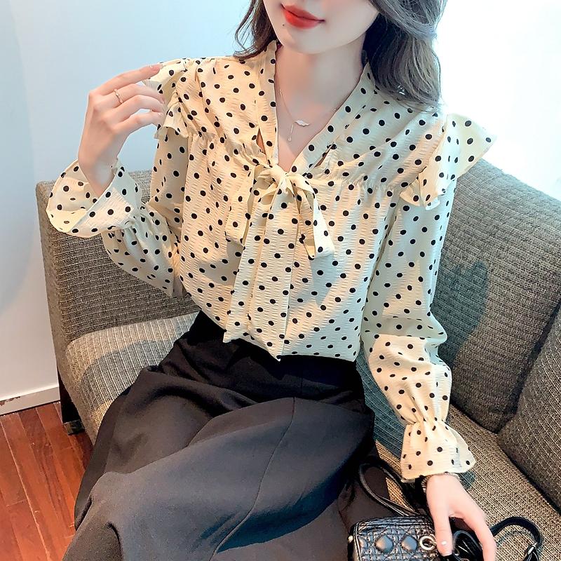 Fashion New 2024 Autumn Long Sleeve Bow Collar Casual Ruffles Dot Chiffon Blouse Shirt Women Tops Blouses Shirts J565