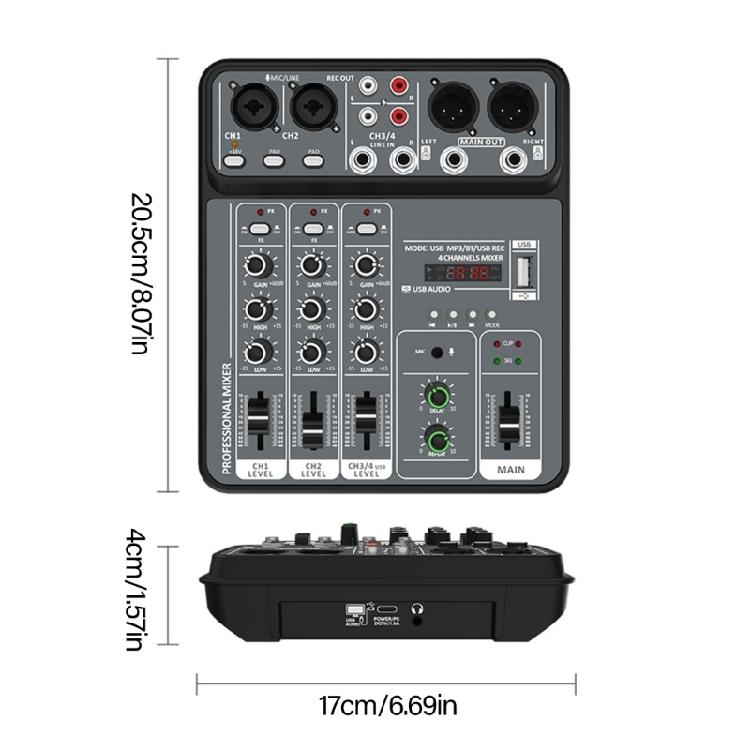 4-Channel USB Sound Mixer Multifunctional Digital Display Screen for Microphones, Instrument, and Other Sources