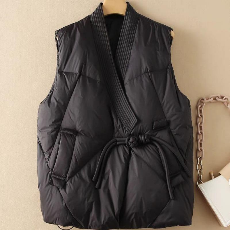 Autumn and Winter Light Down Cotton Clothes Vest Buckle Cross Neck Padded Cotton Vest Women's Retro Mother Winter Coat