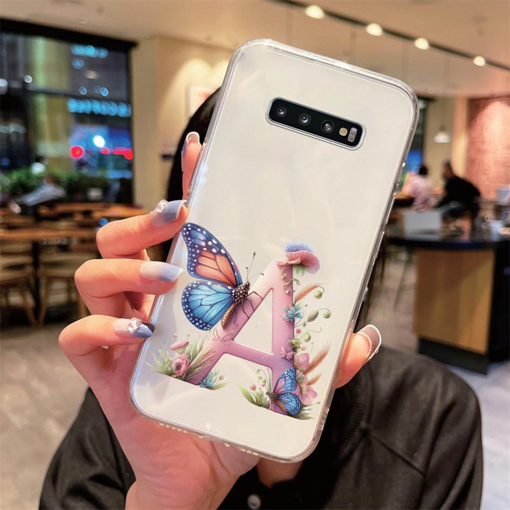 

For Samsung Galaxy S10 Plus S10+ S10e Silicone Cover Transparent Clear Samsung s10 Cute Blue Butterfly Flower Letters Phone Case Samsung S10