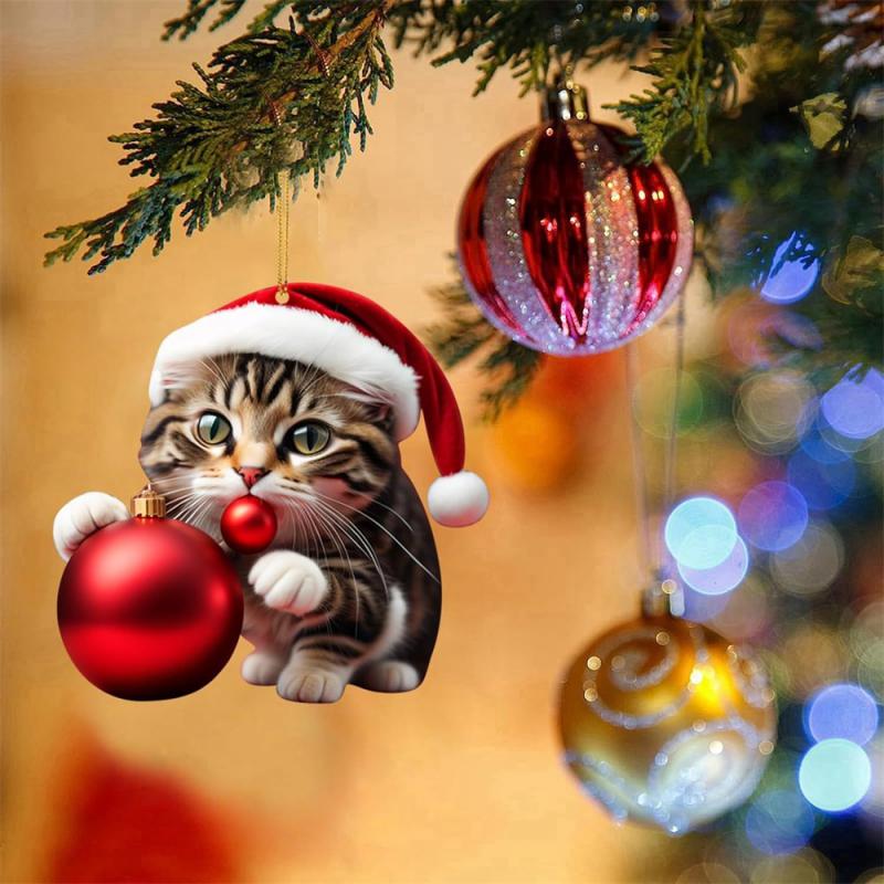 3D Acrylic Cartoon Cat Pendant Holiday Christmas Tree Ornaments 1pcs Xmas Gift Box Car Swinging Pendant Car Interior Decoration