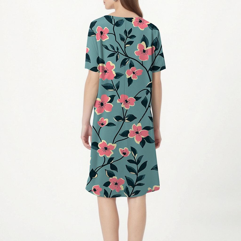 Damen Retro Blumen- und Blätterdruck V-Ausschnitt Midi Tasche Kurzarm Top