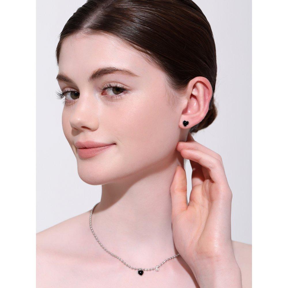 [Rosemont] Silver Black Heart Earrings Rc24B35J