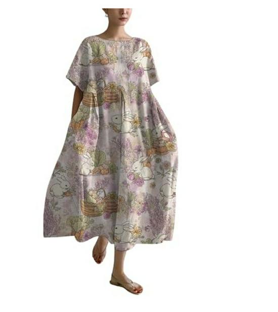 

European & American 3D Printed Round Neck Pocketed Short Sleeve Casual Dress for Spring & Summer. 2XL