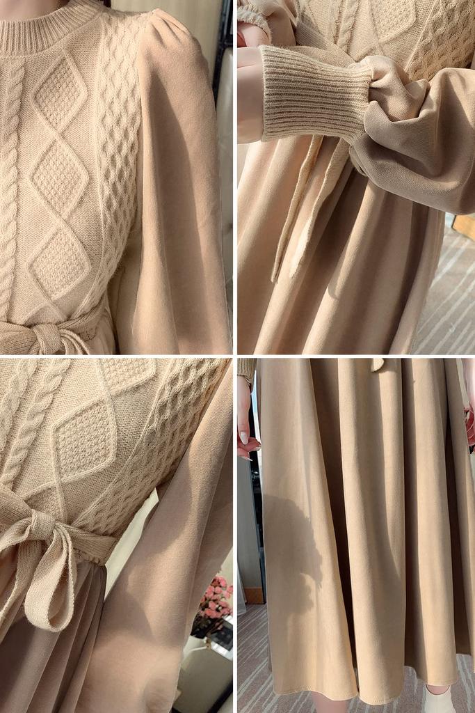 Chubikime Long Long Women's Dress, Knit, Layered, Midi, Sleeve, A-Line, Slimming, Ribbon, Stylish, Casual, Fall/Winter/Spring