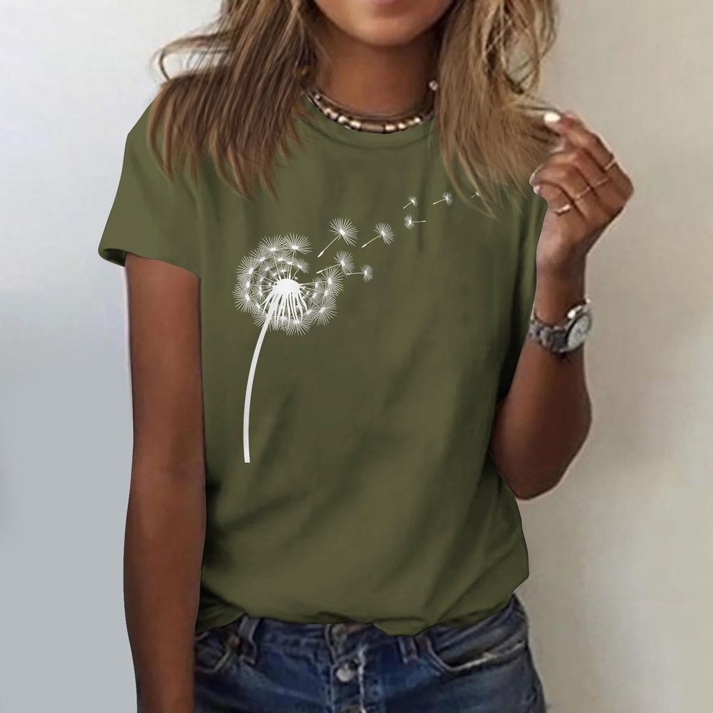Women's Cute Printed Short Sleeve Round Neck Front Shoulder Vintage Short Sleeve Summer Loose Shirt Top