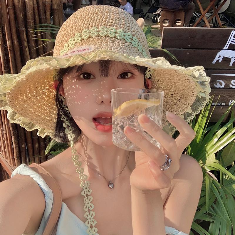 Parent-child vacation wind floral lace straw hat women's spring and summer seaside sunshade big brim sun hat