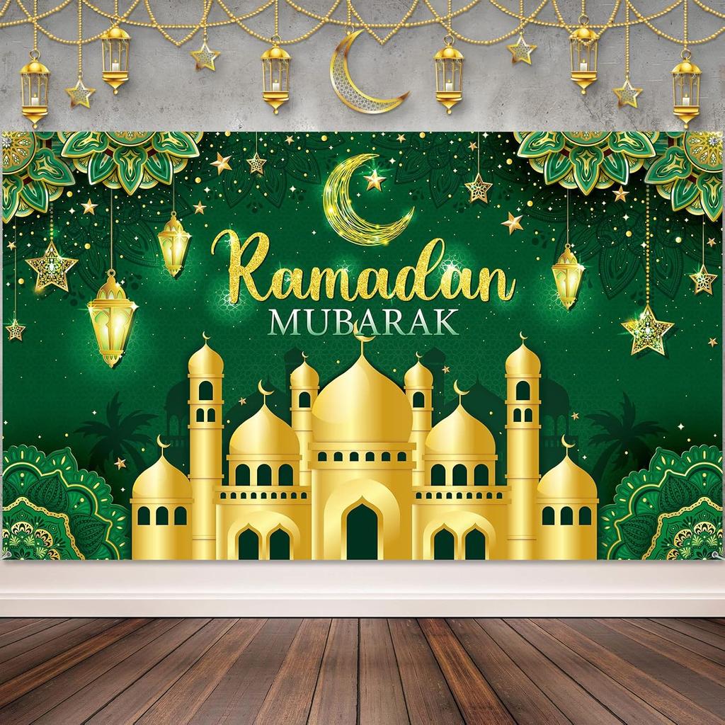 VIKAMA Ramadan Mubarak Tapestry Gold Mosque Lanterns Decorative Wall Art for Bedroom Living Room Aesthetic Festive Home Decor