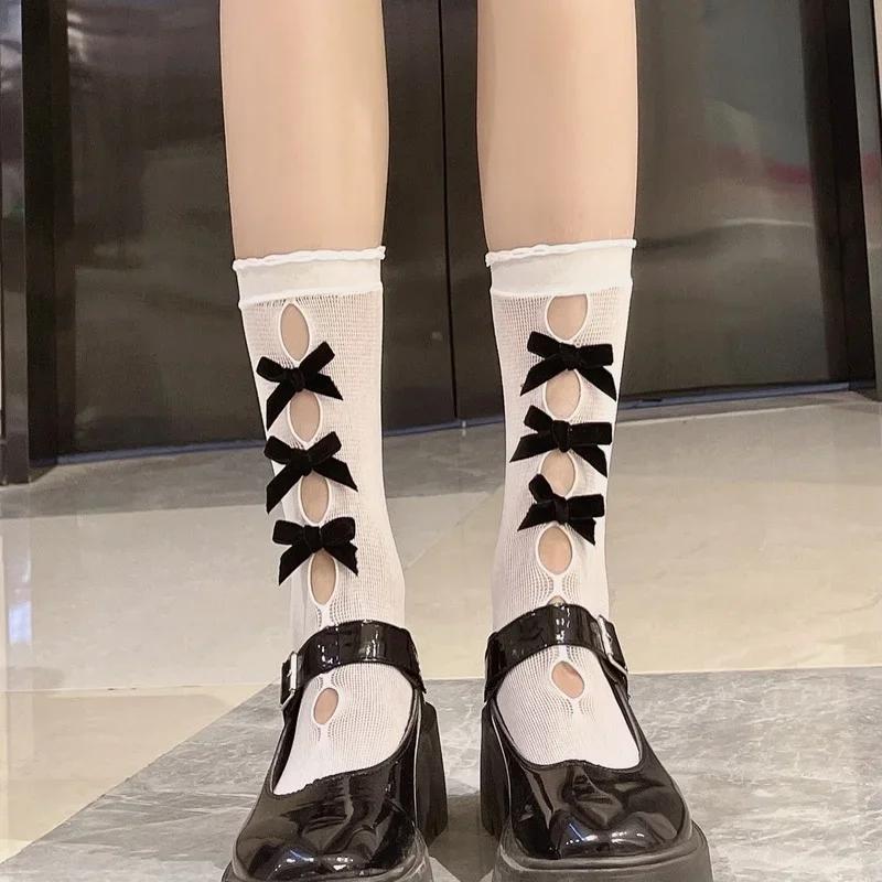 Lolita Women Stockings JK Japanese Style Long Socks Hollow Out Velvet Bow Thigh High Socks Elastic Sweet Kawaii Cute Knee Socks