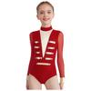 Girls Dance Leotard Sheer Mesh Long Sleeves Mock Neck Keyhole Back Metallic Stripes Buttons Bodysuit Costume
