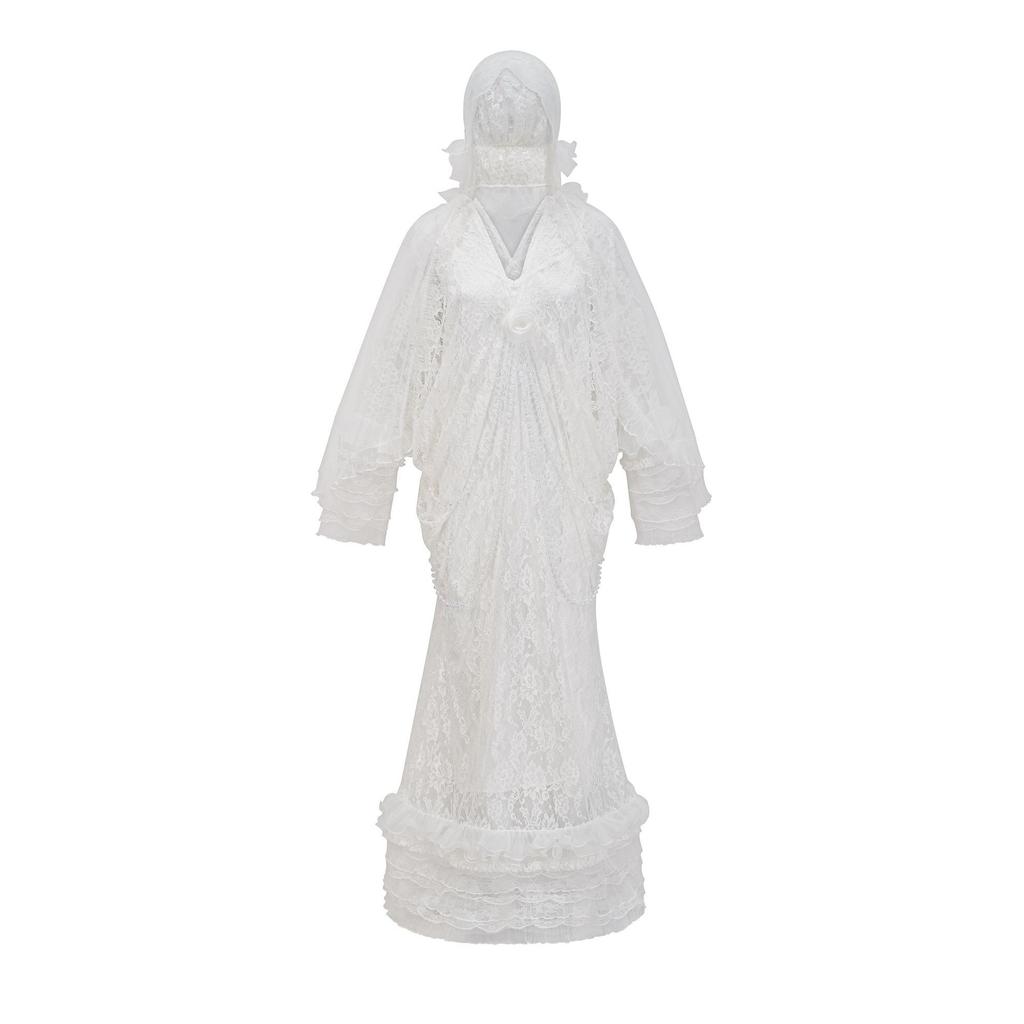 New Style of Literary and Elegant Long Skirt Veil Mesh Skirt Suspender Three-piece Set V-neck Long Sleeve Wedding Dress