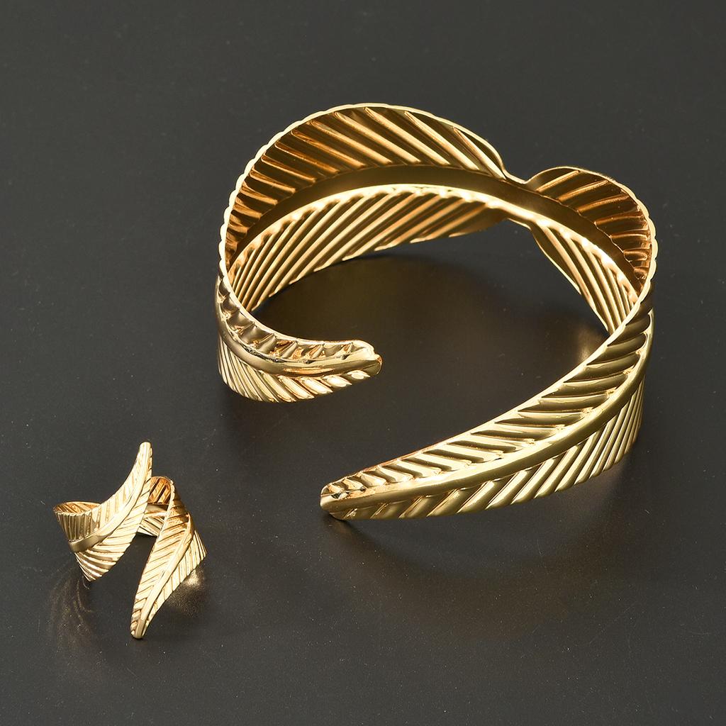 2Pcs/set Geometric Irregular Leaf Cross Bracelets Rings For Women Fashion Gold Color Openning Jewerly Sets Female Party Gift New