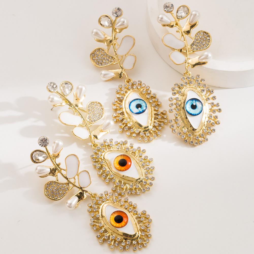 Metal Imitation Pearl Rhinestone Eyes Geometric Dangle Earrings for Women New Trend Simple Design Zircon Party Accessories