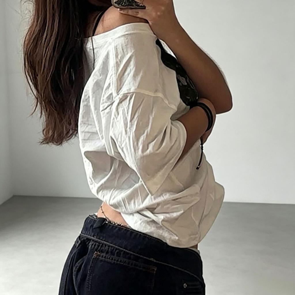 CTP European and American hip-hop style mouth print diagonal collar loose T-shirt Spice girl street sexy off-the-shoulder short sleeves