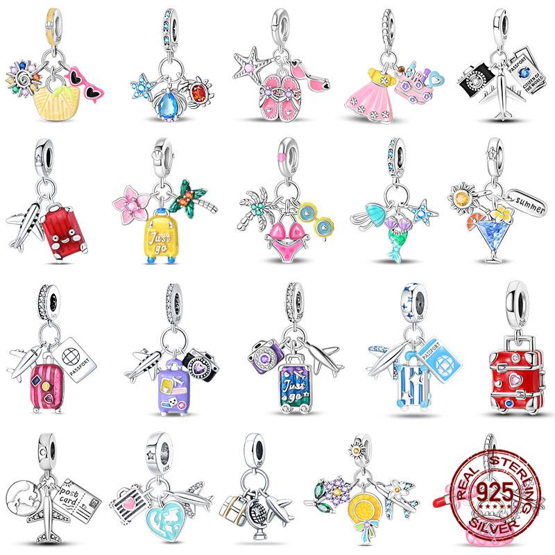 Authentic Original 100% Copper Metal Luggage Airplane Passport Summer Travel Charm Bead Components Compatible With Authentic Original Bracelet High