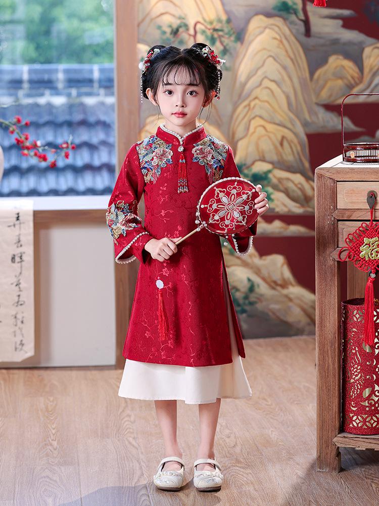 Girls' New Year Long-Sleeve Qipao: Children's Chinese-Style Autumn/Winter Dress 2026