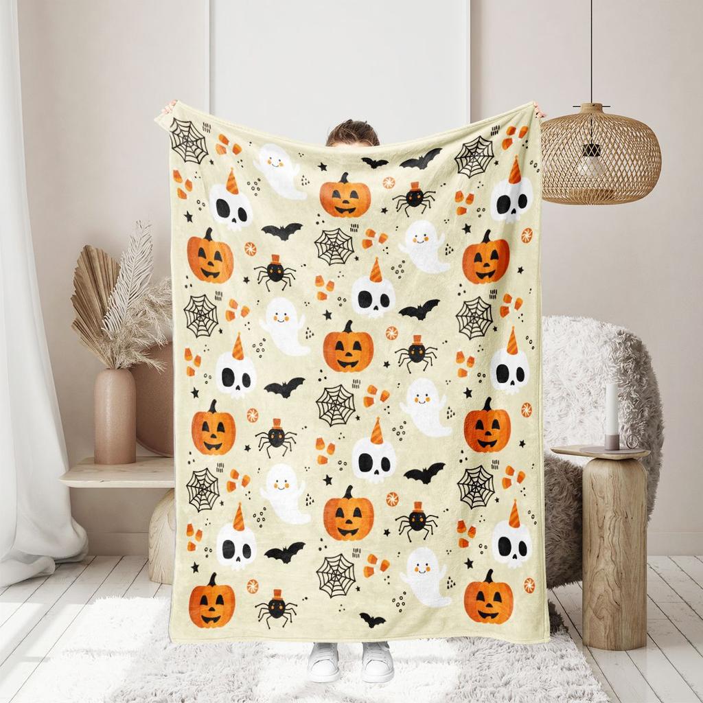 1pc Pink Orenge Halloween Blanket Ghost Pumpkin Printed Skin-Friendly Soft Blanket New for Home Sofa Halloween Decoration