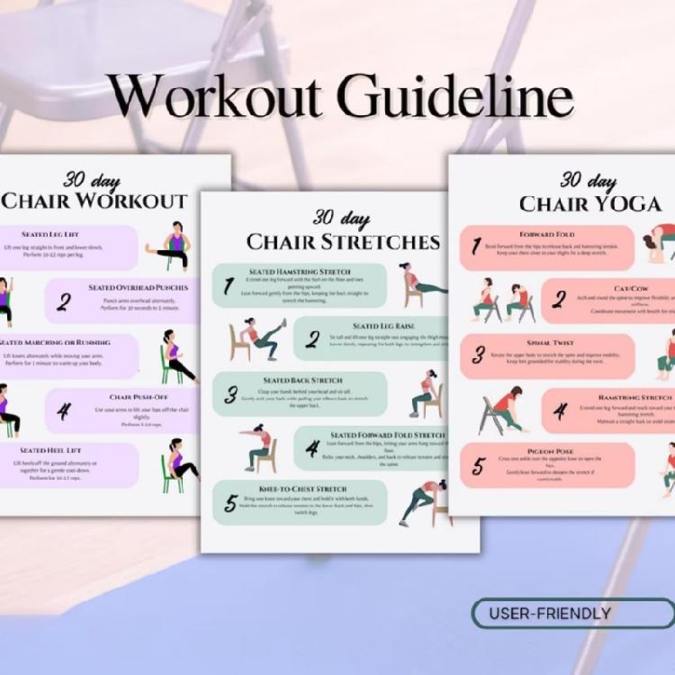6Pcs Fitness Card Yoga Seated Postures Exercise Charts 30 Day Chair Exercises Plan Poster for Morning Sports Enduring