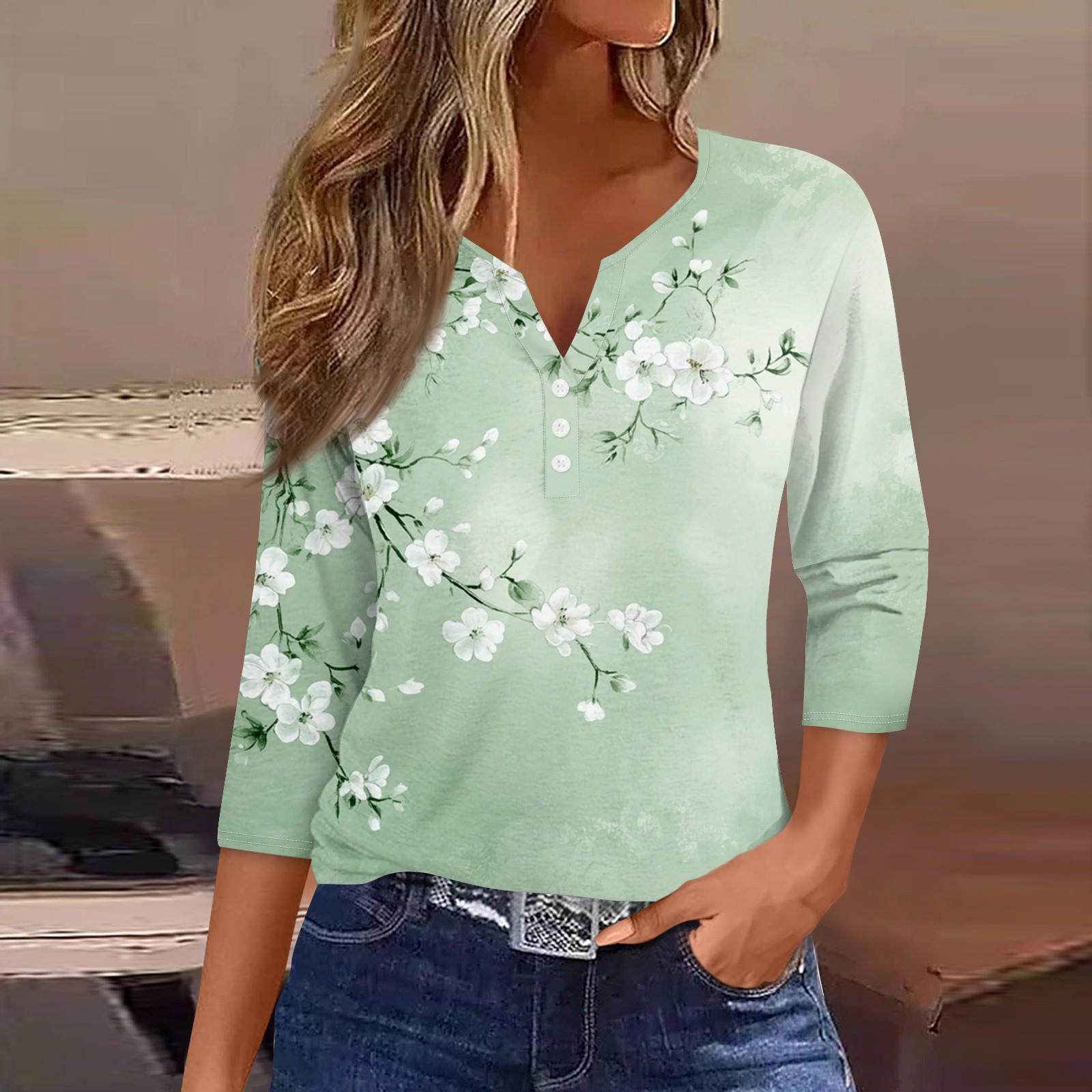

Женская модная повседневная футболка с цветочным принтом, V-образным вырезом, декоративными пуговицами и рукавом три четверти XL