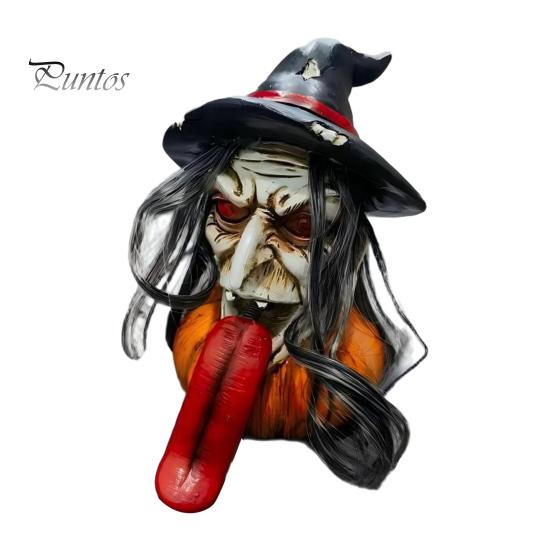 Decorative Holiday Statue Halloween Long Tongue Witch Pumpkin Ornament, Spooky Gothic Desktop Resin Farmhouse Decor Figurine, Collectible Tabletop