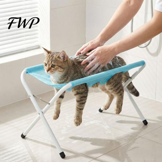 Mesh Pet Grooming Support Hammock with Stand, Folding Cat Table, Elevated Platform Washing Station for Cats Dogs Nail Trimming Holder