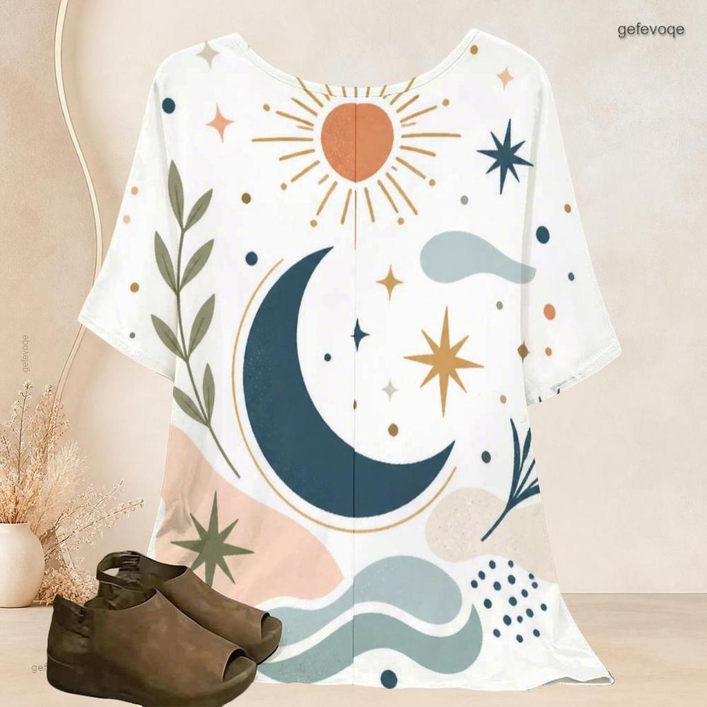 Women Plus Size Batwing Short Sleeve Top Round Neck Moon Star Night Sky Print Loose Casual Tunic Blouse
