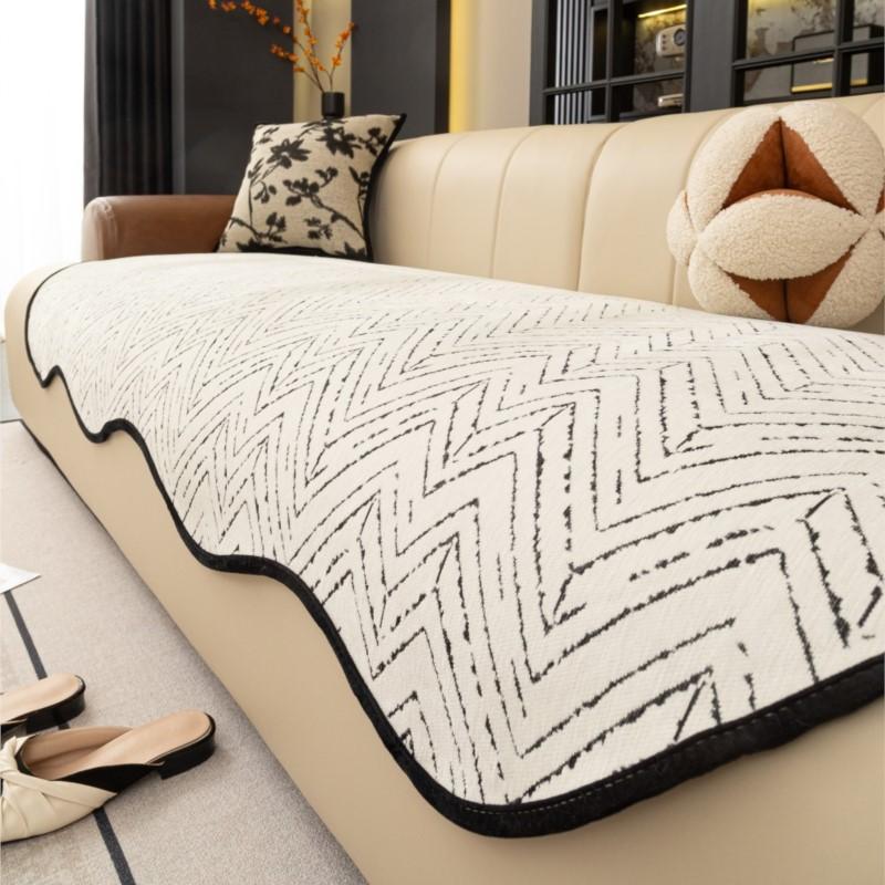 Summer Chenille Black White Sofa Cushion Covers Non-Slip All-Season Irregular Straight Fit Elegant Home Decor Slip-Resistant
