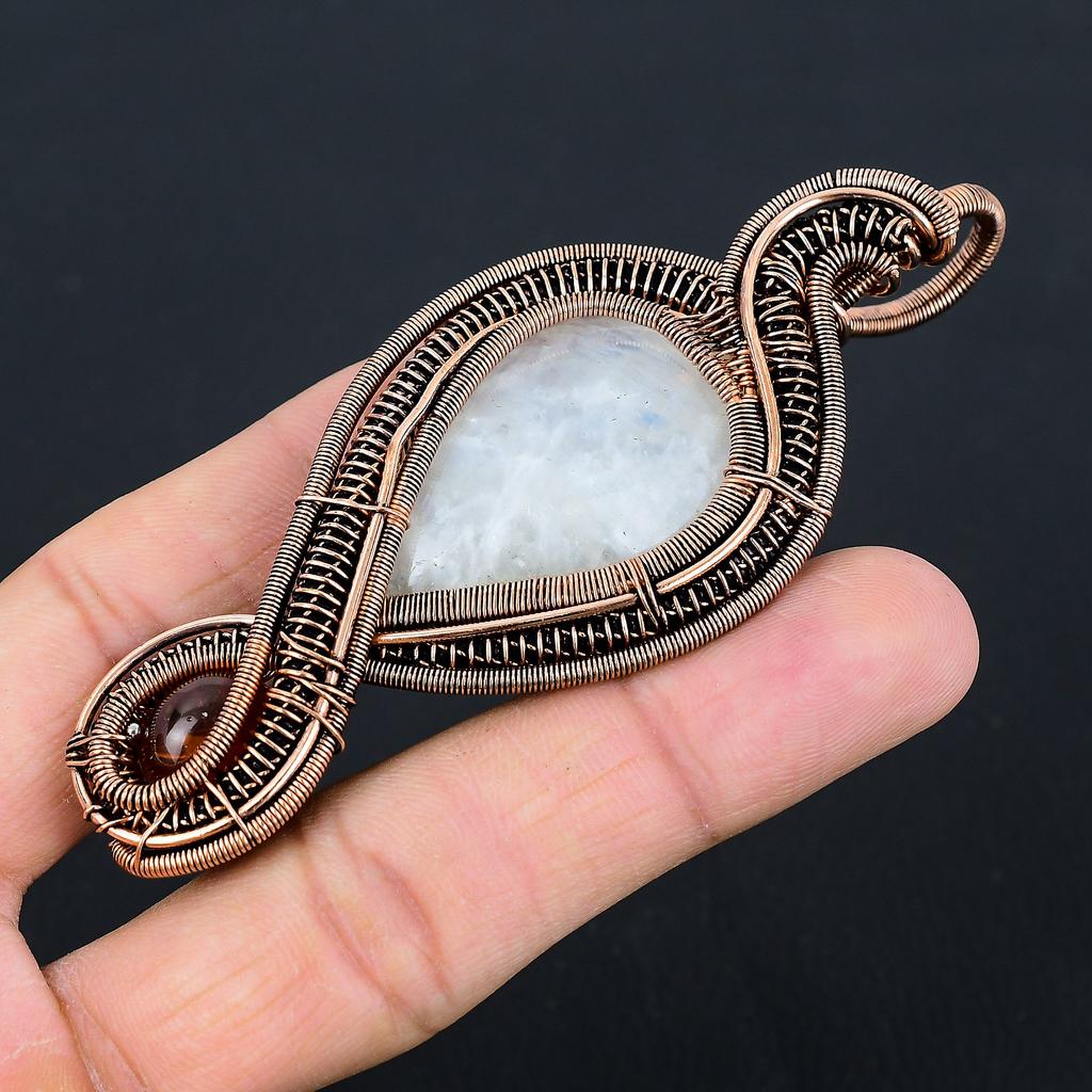 Rainbow Moonstone, Amber Handmade Copper Wire Wrap Pendant 3.74 S7a17