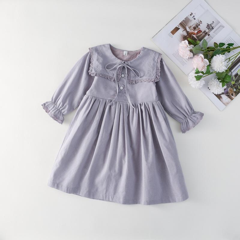 Girls' Spring Embroidered Lace Collar Long Sleeve Cotton Dress