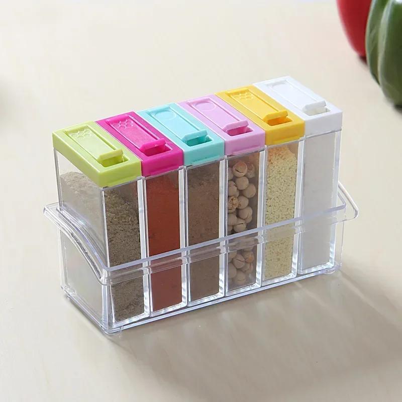 6pcs/Set Spice Storage Jars with Rack-Salt Pepper Sprayer Container Seasoning Box Kitchen Spice Storage Bottle Tools Organizer