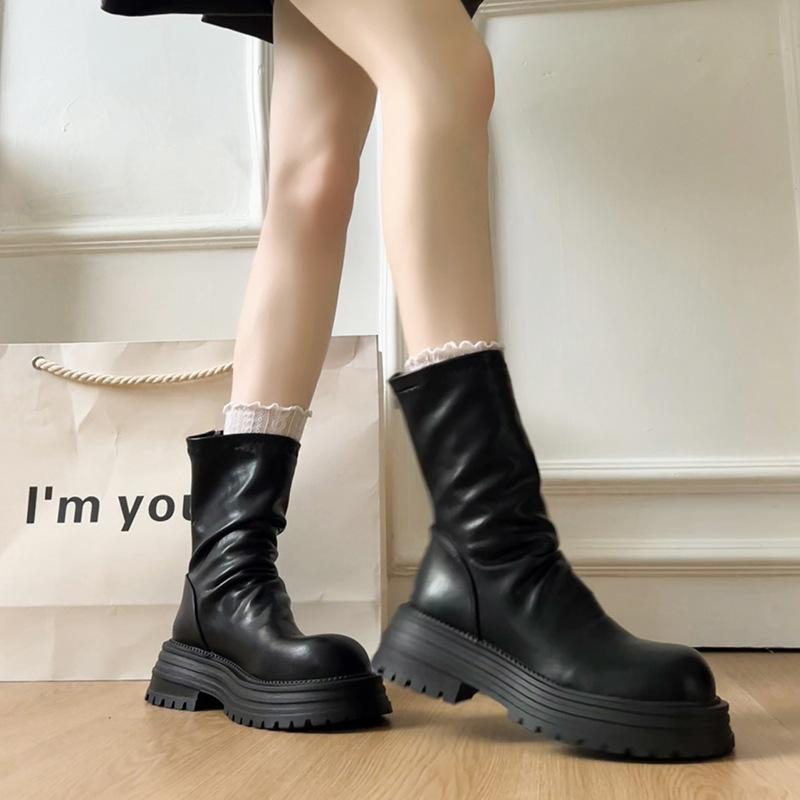 Thick-soled Heightening Maillard Pleated Elastic Boots Short Boots Women's 2025 Autumn and Winter New Stacked Martin Boots Thin Boots