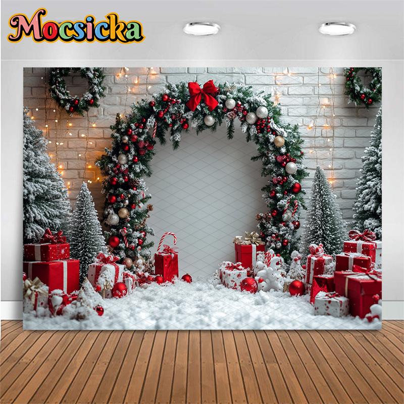 Mocsicka Merry Christmas Background Photography Shooting Props Xmas Tree Snow Gifts Decors Children Adult Family Party Backdrops