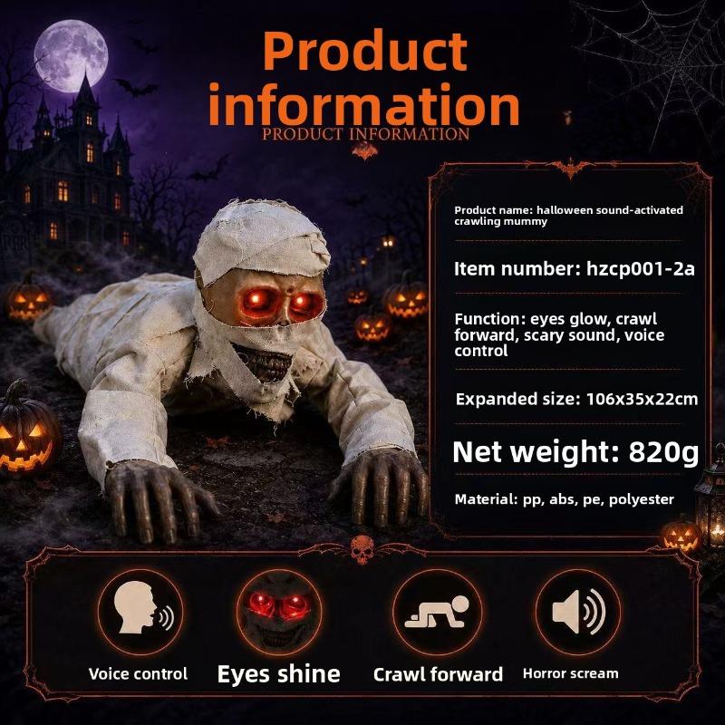Scary Crawling Mummy Figurine With LED Red Eyes Halloween Indoor Home Decor Creepy Animated Zombie Prop Holiday Party Ornament