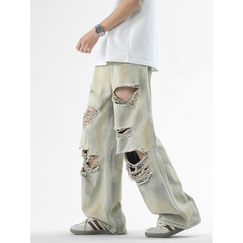 Wassup American Retro Ripped Jeans for Men and Women 2025 New Loose High Street Straight Casual Wide-Leg Pants