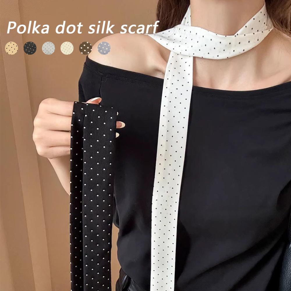 French Style High-End Black Polka Dot Scarf Women's Simple Black White Dot Long Scarf Fashion Ribbon Headband Choker Waist Belt