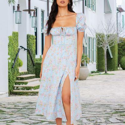 Women's Puff Short Sleeve Floral Maxi Dress Drawstring Ruched Front Square Neck Midi Dress Summer Casual Boho Split Long Dress