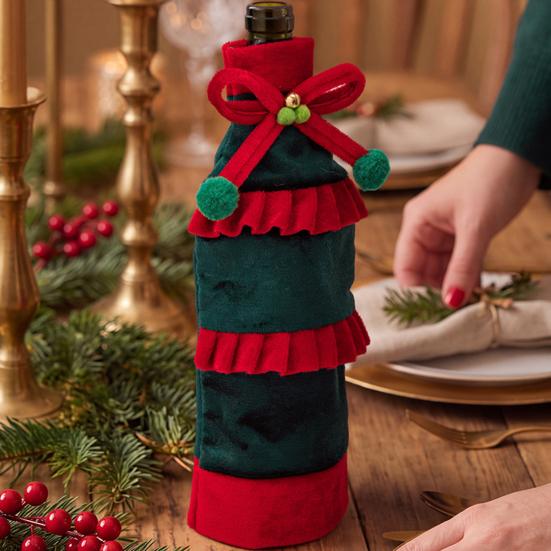 Cute Wine Bottle Costumes Christmas Cover with Bow & Pom Pom, Drawstring Red Gift Wrapping Supplies Green Wrap for Holiday Table Decor, Party