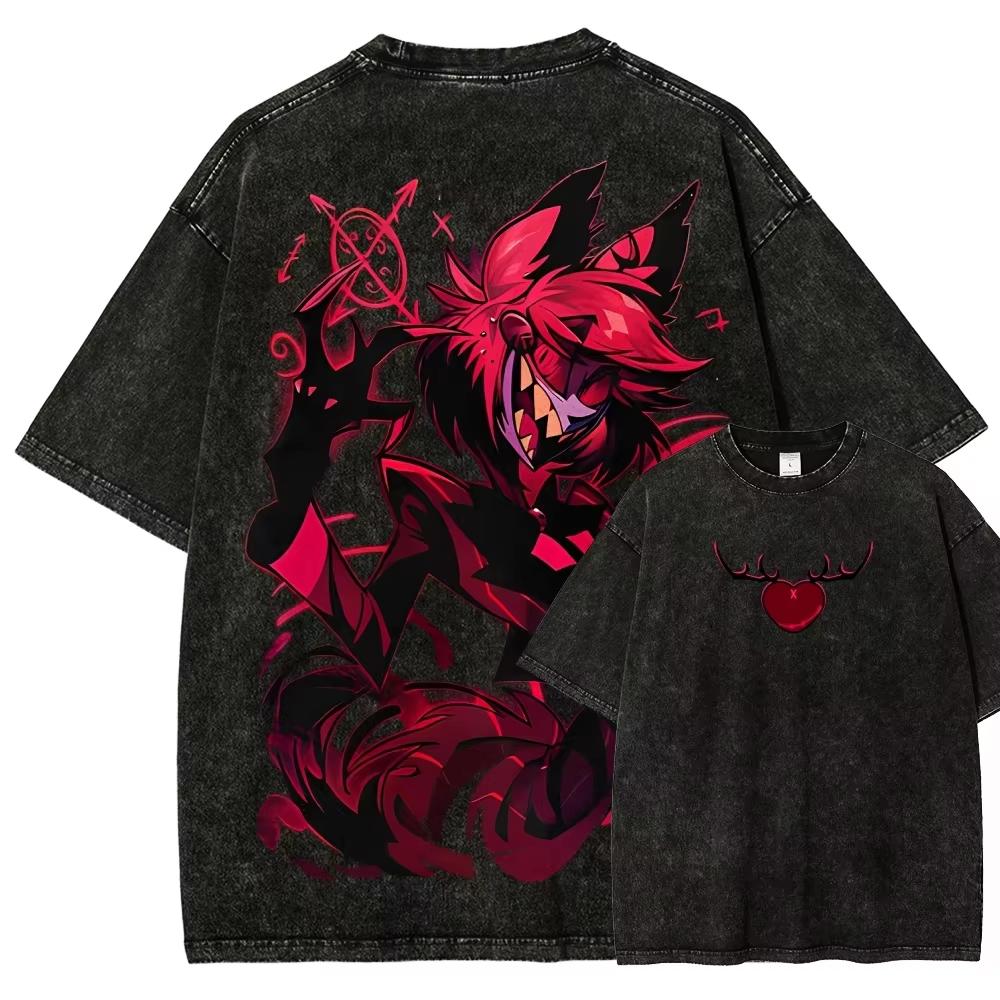 Vintage Washed Hazbin Hotel Graphic T-shirt Unisex Oversized Casual Streetwear Short Sleeve Heavy Cotton Breathable Comfortable Tee Tops