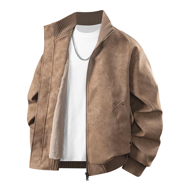 Men's Retro PU Leather Jacket with Stand Collar - Trendy, Versatile, Loose Fit for Spring and Autumn with Plus Velvet Casual Design.
