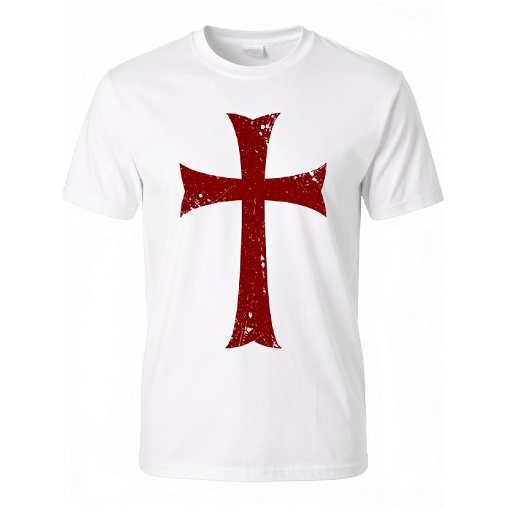 Herren Tempelritterkreuz Mittelalter Ritter T-Shirt - 100% Slim Fit Schwarz mit Roter distressed Tempelritterkreuz Druck, Ganzjahres Freizeit Streetwear,