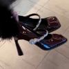 Fashion Women Sexy High Heeled Mules Elegant Thin Heels Party Shoes Woman Rhinestone Pumps Ladies Square Head Pu Leather Single Shoes