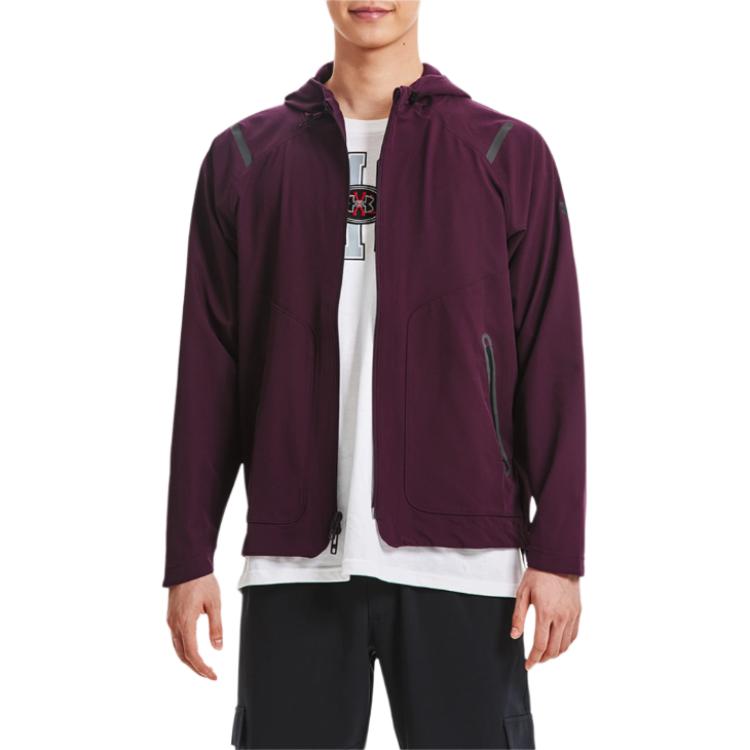 Under Armour Sun Protection Series Solid Color Zip-Up Drawstring Hooded Sports Woven Breathable Training Jacket Men Outerwear Rock-Purple 1370494-572
