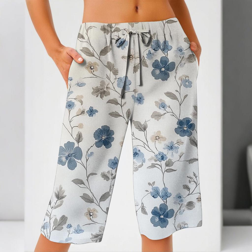 Damesommer Elastisk midje Trykte bomulls- og linsløse shorts