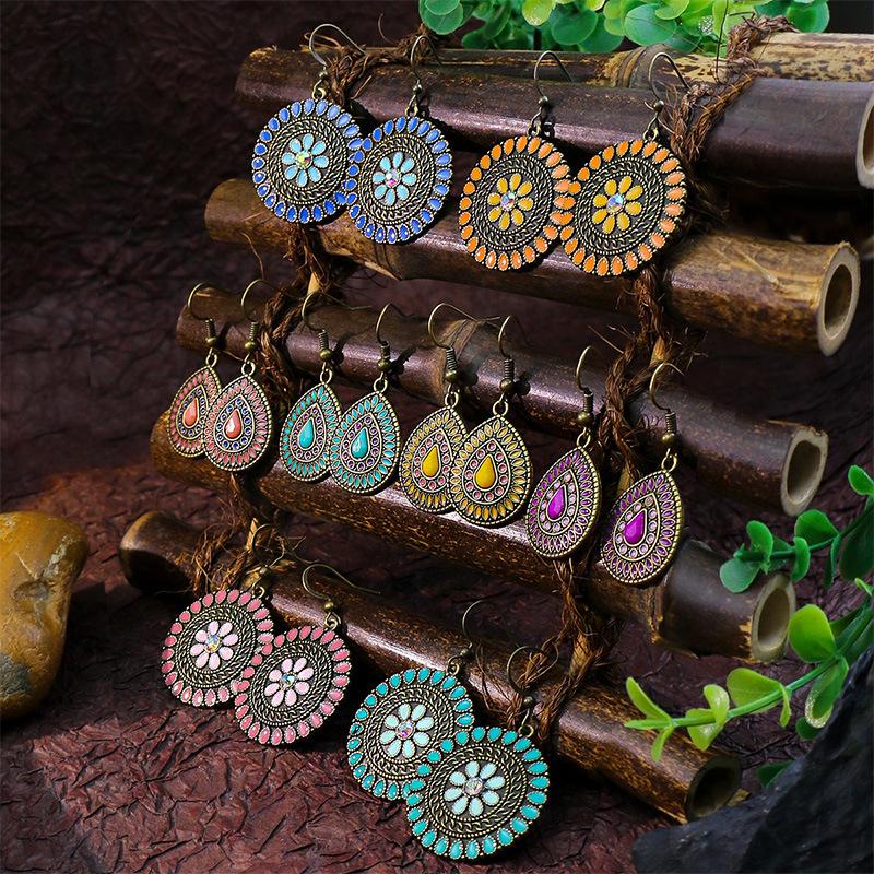 Colorful Ethnic Vintage Round Geometric Flower Drop Dangle Earrings For Women Crystal Enamel Ornament Bohemian Wedding Zircon