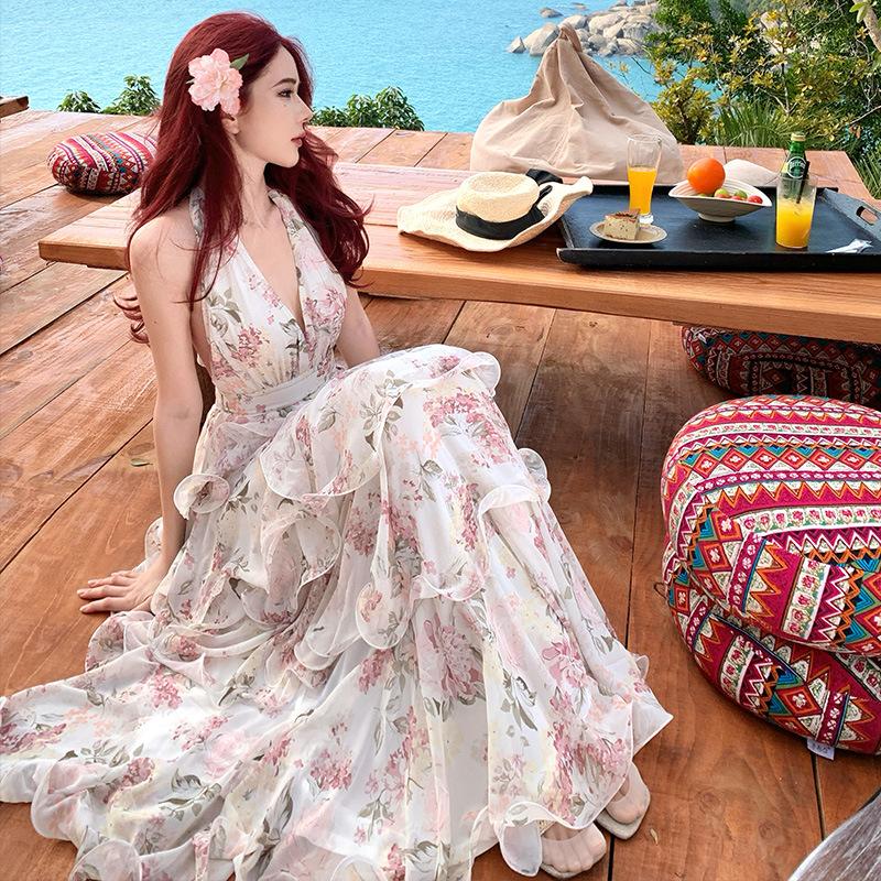 French holiday style 2026 summer new print neck chiffon cake long dress women s V-neck dress S