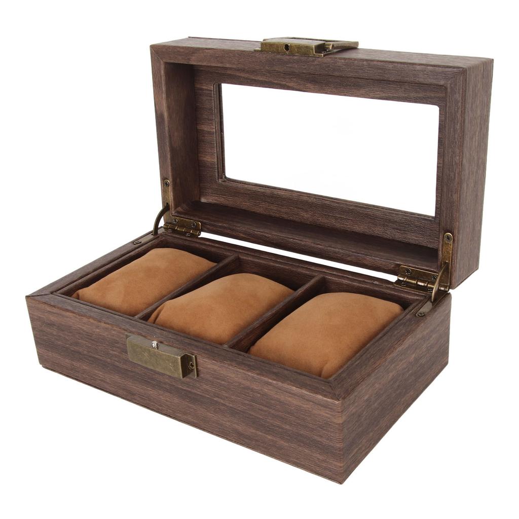 3 Slot Watch Display Case Wood Detachable Pillow Glass Cover Single Layer Watch Box for Jewelry