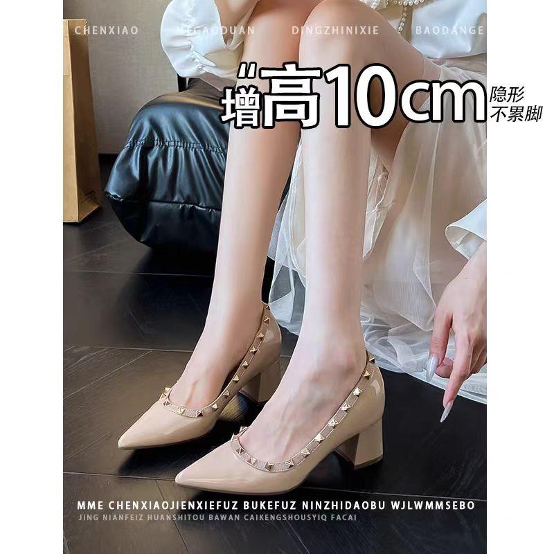 Fashion Inside Heightened Rivet 2025 Autumn New High Heels Shallow Block Heel Single Shoes for Women