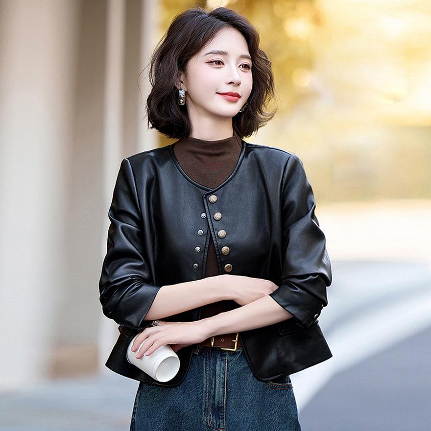 Retro Leather Jacket Short Coat Women's Autumn New Round Neck Loose and Thin Versatile Motorcycle Leather Jacket