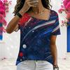 Women Plus Size Asymmetric Neck Short Sleeve Top Vintage American Flag Star Stripe Art Print